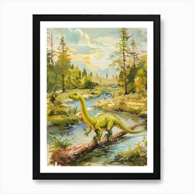 Storybook Style Dinosaur Crossing The River With A Log Painting 2 Art Print