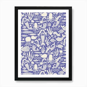 Underwater Mermaids and Sea Life Block Print White on Periwinkle Purple Kids Art Print