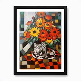 Chrysanthemums With A Cat 1 Cubism Picasso Style Art Print