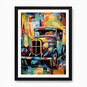 Vintage Old Truck X, Avant Garde Abstract Vibrant Colorful Painting in Cubism Style Art Print