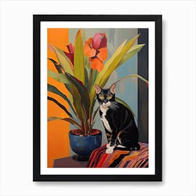 Cymbidium Orchid Flower Vase And A Cat, A Painting In The Style Of Matisse 2 Art Print