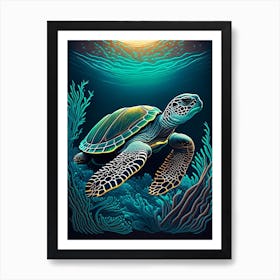 Sea Turtle In Deep Ocean, Sea Turtle Retro 1 Art Print
