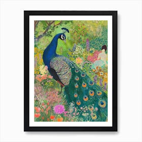 Peacock & Woman In The Meadow Sketch Art Print