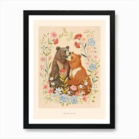 Folksy Floral Animal Drawing Brown Bear 5 Poster Art Print