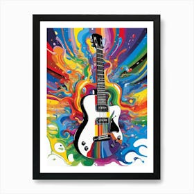 Abstract Rainbow Fluid Explosion behind a Guitar Art Print