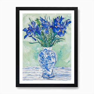 Iris Bouquet In Delft Vase Art Print