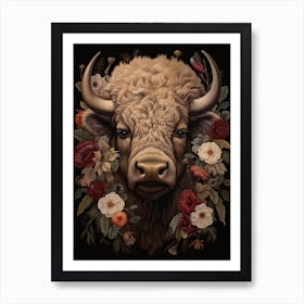 American Bison With Rustic Flowers 0 Art Print