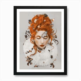 Red Haired Woman With Butterflies Art Print