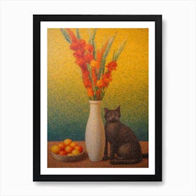 Gladoli With A Cat 1 Pointillism Style Art Print