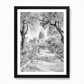 The Texas State Capitol Austin Texas Black And White Watercolour 4 Art Print