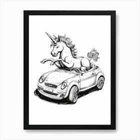 Unicorn In A Car Black And White Illustration 2 Art Print