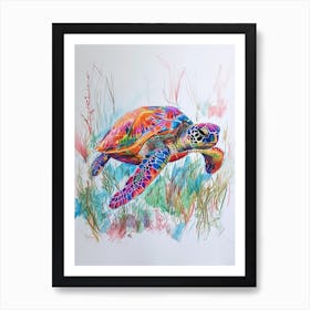 Sea Turtle With Marine Plants Scribble 2 Art Print