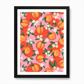 Juicy Retro Apricots with White Blossoms Bright Pink and Orange Summer Fruit Floral Art Print