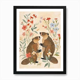 Folksy Floral Animal Drawing Beaver 2 Art Print