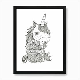 Unicorn On A Smart Phone Black & White Doodle Art Print