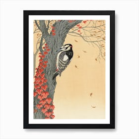 Great Spotted Woodpecker In Tree With Red Ivy, Ohara Koson Art Print