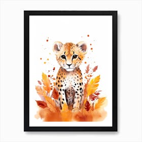 A Cheetah Watercolour In Autumn Colours 3 Art Print