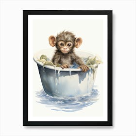 Monkey Painting In A Bathtub Watercolour 1 Art Print