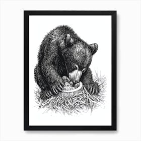 Malayan Sun Bear Cub Playing With A Beehive Ink Illustration 2 Art Print