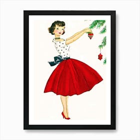 Young Woman In Red Dress Decorating A Christmas Tree Art Print