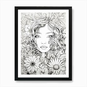 Floral Fine Line Face Drawing 1 Art Print