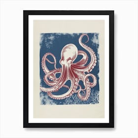 Octopus In The Ocean With Coral Linocut Inspired 3 Art Print