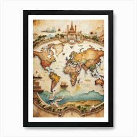 A World Map Visualizing An International Journey Pinpointing Iconic Historical Landmarks Across Var (6) Art Print