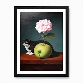 Painting Of A Still Life Of A Apple Blossom With A Cat, Realism 4 Art Print