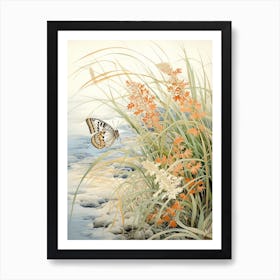 Butterflies In Wild Flowers Japanese Style Painting 1 Art Print