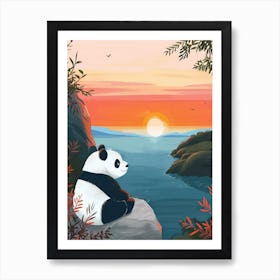 Giant Panda Looking At A Sunset From A Mountaintop Storybook Illustration 3 Art Print