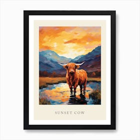 Sunset Brushstroke Impressionsim Style Painting Of A Highland Cow 3 Art Print