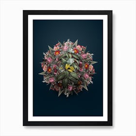 Vintage Laurustinus Flower Wreath on Teal Blue Art Print