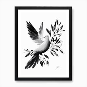 Peace Dove And Olive Branch Symbol Black And White Painting Art Print