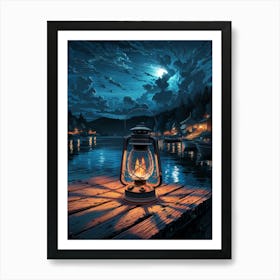 Anime Canvas Art: Serene Lakeside Lantern at Twilight, Warm Glowing Flame on Rustic Dock, Dramatic Cloudy Sky and Peaceful Village Reflection, Perfect for Cozy Lofi Vibes and Nature Lovers. Art Print