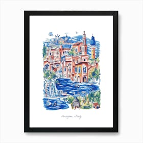 Portofino Italy Illustration Line Art Travel Blue Art Print