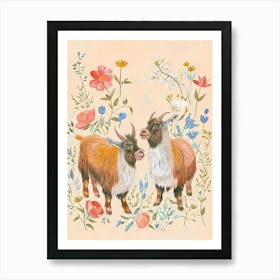 Folksy Floral Animal Drawing Goat 2 Art Print