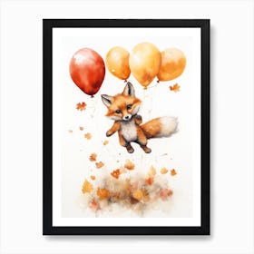 Red Fox Flying With Autumn Fall Pumpkins And Balloons Watercolour Nursery 3 Art Print