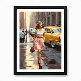 New York Middle 20th Century Walking Girl Retro Cars 1 Art Print