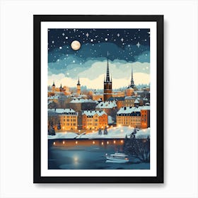 Winter Travel Night Illustration Stockholm Sweden 2 Art Print