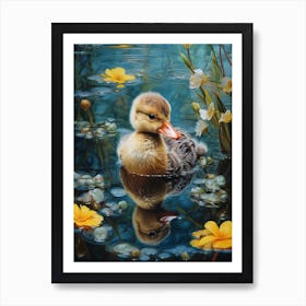 Duckling Swimming In The Pond With Petals 3 Art Print