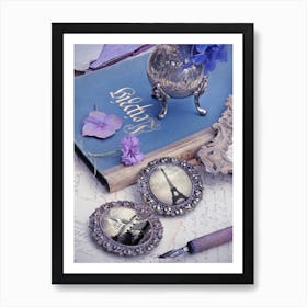 Vintage Blue Paris Jewelry Pieces With Eiffel Tower And Sacre Coeur Cathedral Art Print