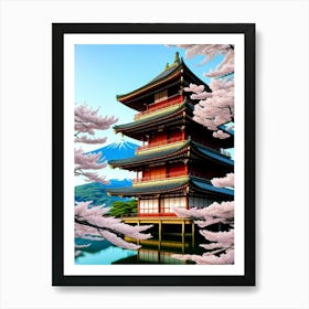 Japanese Pagoda Cherry Blossoms Mount Fuji Japan Art Print