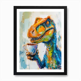 Dinosaur Drinking Coffee Blue Orange Brushstroke 3 Art Print