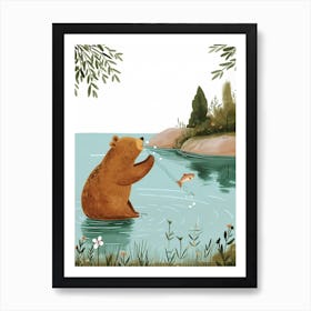 Brown Bear Catching Fish In A Tranquil Lake Storybook Illustration 4 Art Print