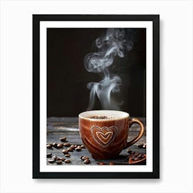 Cappuccino In A Rustic Wood Mug Amid Billowing Smoke Background Of Dark Roasted Beans And Steam Ri Art Print