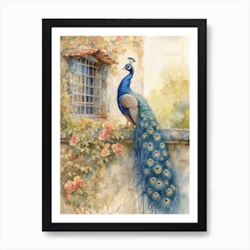 Peacock On The Wall Watercolour 2 Art Print