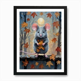 Cottagecore Mouse in Autumn Forest - Acrylic Paint Little Fall Mice Art with Falling Leaves at Night on a Full Moon, Perfect for Witchcore Cottage Core Pagan Tarot Celestial Zodiac Gallery Feature Wall Beautiful Woodland Creatures Series HD Art Print