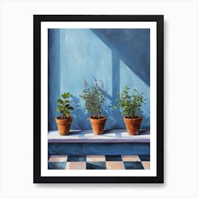 Potted Herbs On A Blue Checkered Windowsil 2 Art Print