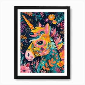 Floral Folky Unicorn Portrait Art Print