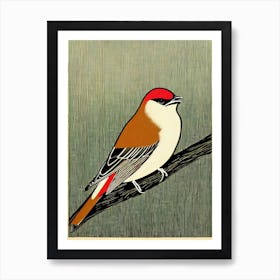 Cedar Waxwing Linocut Bird Art Print